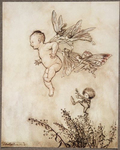 De kilte ham alle sammen på skulderen .. , fra Peter Pan i Kensington Gardens av J M Barrie (1860 - 1937), pub. 1906 av Arthur Rackham