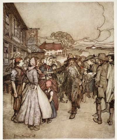 De stimlet rundt ham og så på meg fra topp til fot med stor nysgjerrighet. Fra Rip Van Winkle av Washington Irving, pub. 1910 av Arthur Rackham