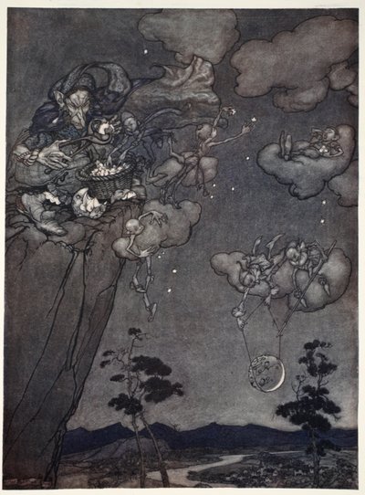 De ble styrt av en gammel squaw-ånd som hengte opp de nye månene på himmelen og kuttet opp de gamle til stjerner., fra Rip Van Winkle av Washington Irving, pub. 1910 av Arthur Rackham