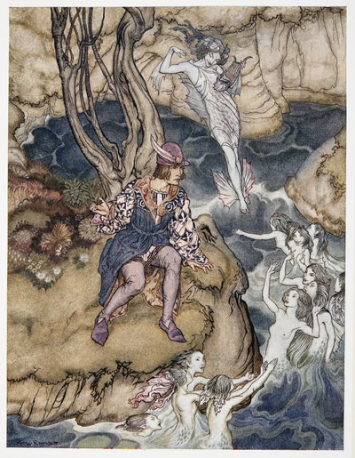 Denne musikken snek seg forbi be upon the waters, illustrasjon fra William Shakespeares The Tempest, pub. 1926 av Arthur Rackham