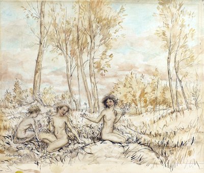 Tre trenymfer som samler blomster (penn og blekk og wc på papir) av Arthur Rackham