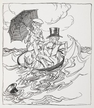 Tre menn i en bolle på sjøen. av Arthur Rackham