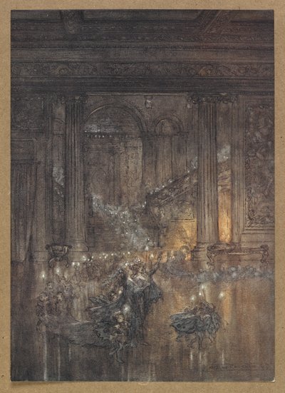 Gjennom huset gi glimtende lys ved den døde og døsige ilden. En scene fra 