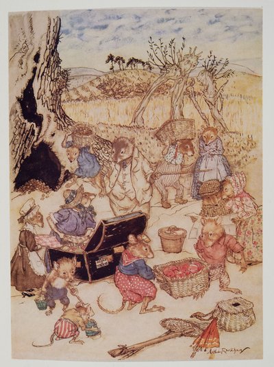 Men i dag, selv om de var sivile nok, virket åkermusene og høstemusene opptatt, fra Wind in the Willows av Kenneth Grahame (1859 - 1932), pub. 1940 av Arthur Rackham