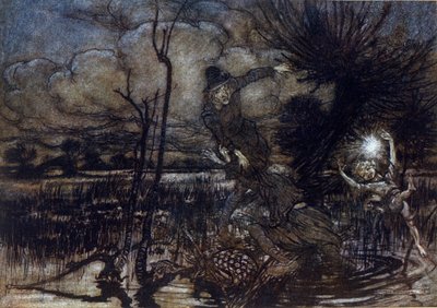 To karakterer klarer ikke å drukne i sumpen, Puck hjelper dem med en brann. Illustrasjon av Arthur RACKHAM (1867-1939) for Drømmen om en sommernatt av William SHAKESPEARE av Arthur Rackham