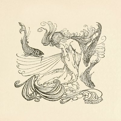 Undine stiger opp fra fontenen og gråter fra "Undine" av Arthur Rackham