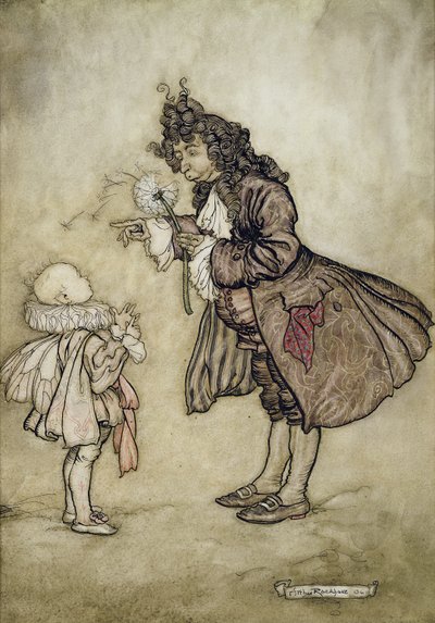 When Her Majesty Wants to Know the Time, fra Peter Pan i Kensington Gardens av J.M. Barrie, pub. av Hodder og Stoughton, 1906 (penn og blekk med wc på papir) av Arthur Rackham