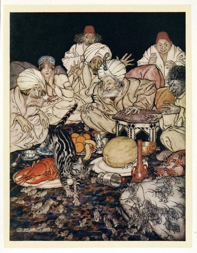 Da Puss så rottene og musene, ventet hun ikke på å bli fortalt, fra engelske Fairy Tales, pub. 1922 av Arthur Rackham