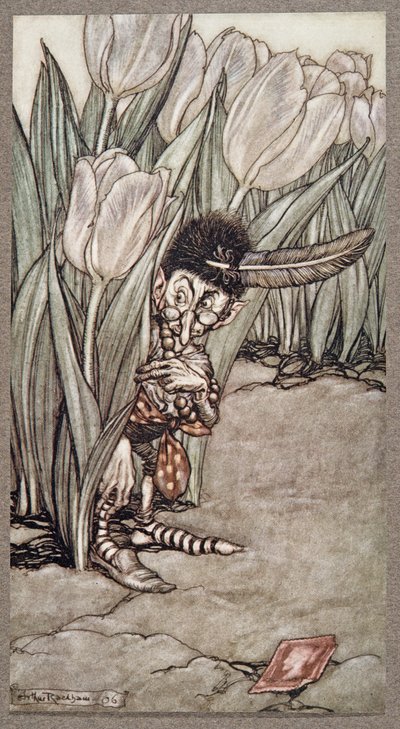 Da han hørte Peters stemme, spratt han skremt bak en tulipan, fra Peter Pan i Kensington Gardens av J M Barrie (1860 - 1937), pub. 1906 av Arthur Rackham