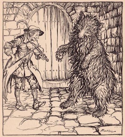 Da bjørnen hørte musikken kunne han ikke la være å begynne å danse. Illustrasjon av Arthur Rackham fra Grimm