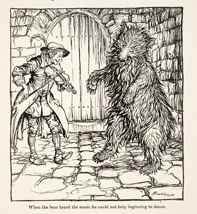 Da bjørnen hørte musikken kunne han ikke la være å begynne å danse, fra Little Brother & Little Sister and Other Tales av brødrene Grimm, pub.1917 (litho) av Arthur Rackham