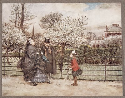 Når du møter Grown Up-mennesker i hagen som puster og blåser som om de trodde seg større enn de er .. , fra Peter Pan i Kensington Gardens av J M Barrie (1860 - 1937), pub. 1906 (kolo av Arthur Rackham