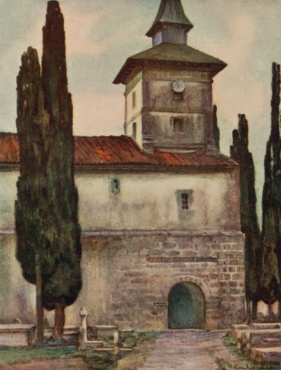Baskerland: Church at Itxassou (farge litho) av Arthur Romilly Fedden