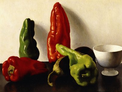Stilleben med rød og grønn paprika av Arthur Segal