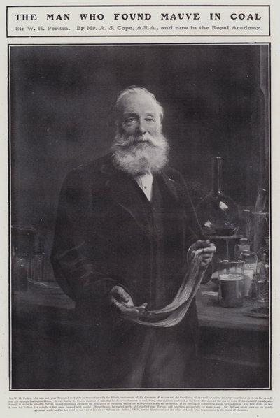 William Henry Perkin , engelsk kjemiker som oppdaget det første syntetiske organiske fargestoffet, mauveine (litho) av Arthur Stockdale Cope