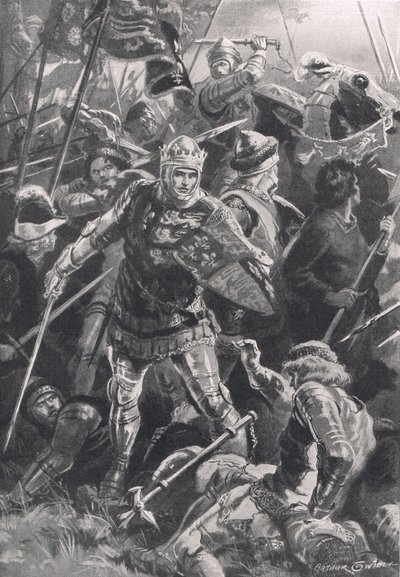 Henry V and the Duc D'Alencon i slaget ved Agincourt, 25. oktober 1415, illustrasjon fra 'British Battles on Land and Sea', utgitt av Cassell, London, ca. 1910 av Arthur Twidle