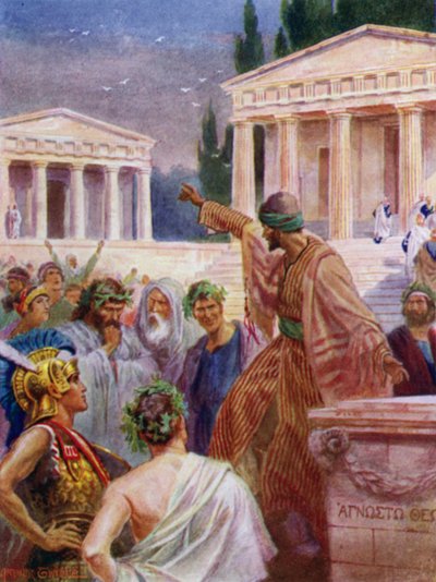 Paulus forkynner i Athen (farge litho) av Arthur Twidle