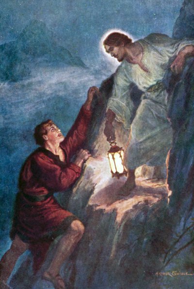 Ung mann som klatrer, følger lyset holdt av Jesus Kristus av Arthur Twidle