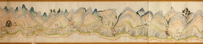 16 000. medfølgende. Orientert med nord til høyre. Relieff vist billedmessig. Fugleperspektiv. Dekker Wei-elven i Baoji Xian, Shanxi Sheng til Shu Dao i Shanxi-Sichuan-grensen. Viser boplasser, rasteplasser, stasjoner, vertshus, templer, fjelloverganger, w av Arthur W. Hummel