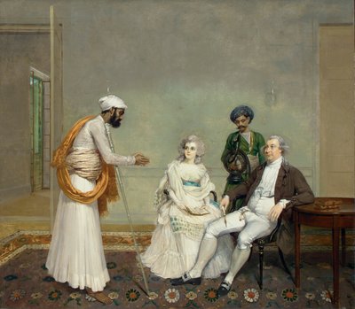 Portrett av dommer Suetonius Grant Heatly og Temperance Heatly med deres indiske tjenere, i et interiør i Calcutta, ca. 1786 av Arthur William Devis