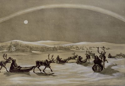 Et enestående utseende av nordlyset over en Lapplands reinsdyrflokk som krysser Jerdis Javri, fra Winter Sketches in Lappland, gravert av James Duffield Harding (1798-1863) 1825 (gravert av Arthur de Capell Brooke