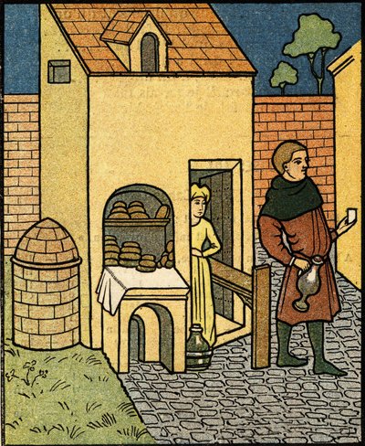 Et bakeri på 1500-tallet. etter en miniatyr fra perioden. av Artist Unknown