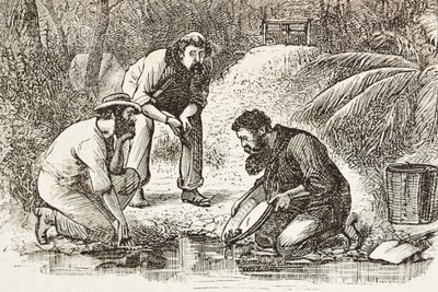 Australia (1880). Gullgravernes liv i Botany Bay (grunnlagt i 1788). Gravering. Privat samling. av Artist Unknown