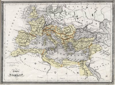 Geografisk kart over Romerriket. I «Universal Atlas of Ancient and Modern Geography» av Vuillemin. cirka 1851. av Artist Unknown