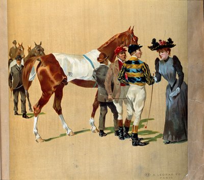 Hesteveddeløp: de siste tipsene før løpet, tidlig på 1900-tallet (trykk) av Artist Unknown
