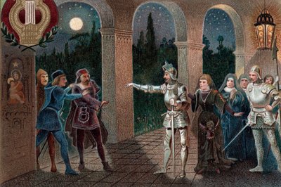 Leonora bortført fra kloster av Manrico, akt II scene 5 fra operaen «Il Trovatore» av Giuseppe Verdi av Artist Unknown
