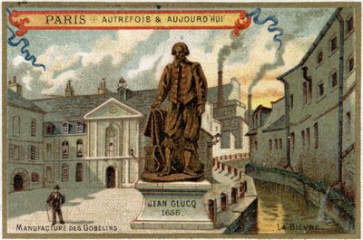 Produksjon av gobelin-tepper i Paris. Statue av Jean Glucq, som importerte fargeprosessen til Frankrike. av Artist Unknown