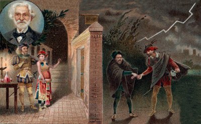 Rigoletto bruker Sparafucile til å myrde Duke - Akt 3, scene 4 fra operaen Rigoletto av Giuseppe Verdi av Artist Unknown