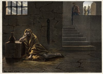 Døperen Johannes i fengsel. Profeten døperen Johannes, som fordømte kong Herodes Antipas#39; utroskap med Herodiad, sin egen brors kone, ble satt i fengsel. av Artist Unknown