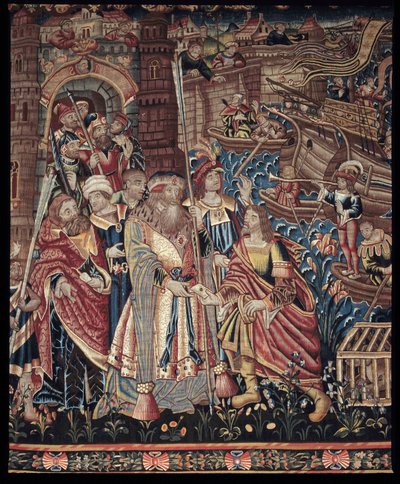 Den portugisiske sjøfareren Vasco de Gama (1459–1524) ankom Calicut i India i 1498, detalj, billedvev av Artist Unknown