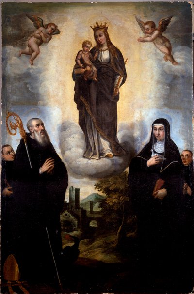 Maleriet «Jomfru Maria har barnet» med den hellige Benedikt av Nursie og hennes søster Sainte Scolastique (Scholastic), grunnlegger av den anonyme benediktinerorden. Monte Cassino-klosteret, Italia. av Artist Unknown