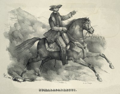 ZUMALACARREGUI, Thomas (1788-1835). Carlist-general. Spania. Første Carlist-krig. Zumalacarregui rir på en hest. Gravering. av Artist Unknown