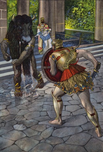 Herakles konfronterer Minotauren (farge litho) av Artus Scheiner