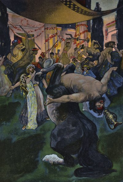 Satyrer som forstyrrer bryllupsfesten til Orpheus og Eurydice, scene fra Orpheus in the Underworld (farge litho) av Artus Scheiner