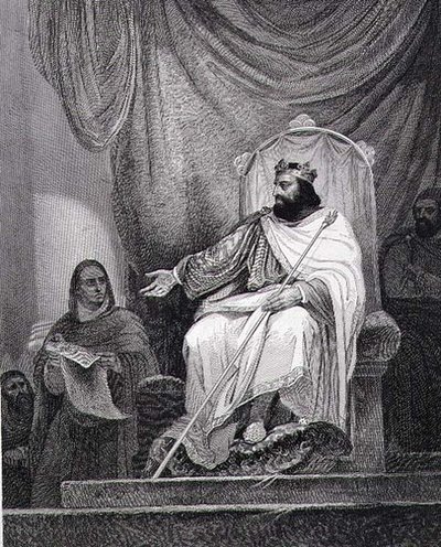 Charlemagne (742-814) utstedte Capitular of Herstal i 779, gravert av Leclerc (gravering) av Ary (after) Scheffer