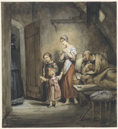 Syk mann i sengen med kone og to barn ved siden av av Ary Scheffer