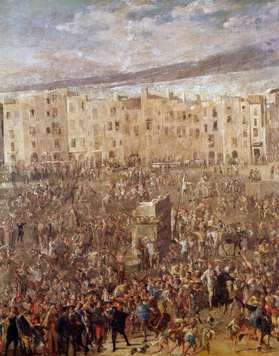 Marche Square i Napoli på tidspunktet for revolusjonen av Masaniello-maleri av Ascanio Luciani (ca. 1621-1706) Napoli, National Museum of San Martino av Ascanio Luciani