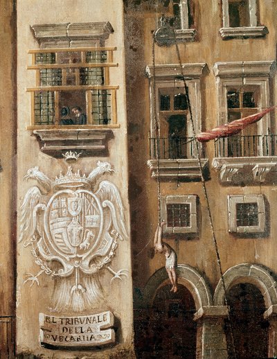 Sted for hoffet til Vicaria i Napoli på tidspunktet for revolusjonen av Masaniello - Detalj som viser en mann som henger foran inngangen til palasset - Maleri av Ascanio Luciani (ca. 1621-1706) Napoli, Museo Nazionale di San Martino av Ascanio Luciani