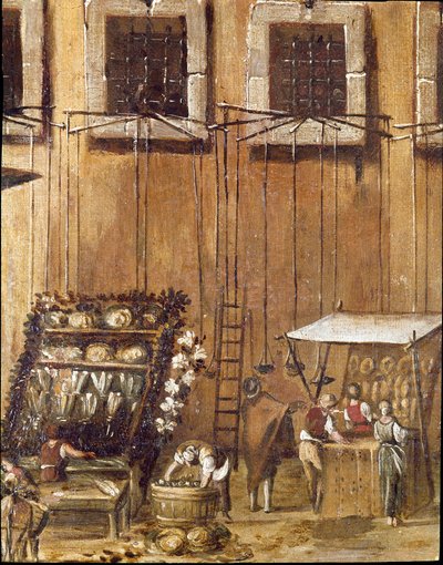 Sted for domstolen til Vicaria i Napoli på tidspunktet for revolusjonen til Masaniello. Kriminelle er dommere foran inngangen - Detalj som representerer selgere av brød og fisk - Maleri av Ascanio Luciani (ca. 1621-1706) Napoli, Museo Nazionale di San Ma av Ascanio Luciani