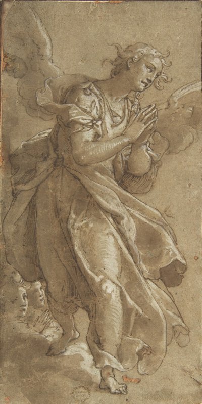 En stående engel og to kjeruber, ca. 1566. av Ascribed to Federico Zuccaro.