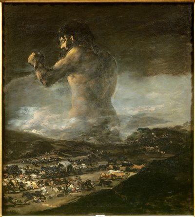 Colossus Silhouette av en gigant som går gjennom slettene i et veldig mørkt landskap og sår frykt, død, elendighet og flukt fra det spanske folket. Det er et symbol på Spanias uavhengighetskrig mot Napoleon I Bonaparte. Maleri lenge tilskrevet Fra av Asensio Julia