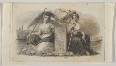 Seddelvignett med kvinnelige figurer som representerer Liberty and Justice, ca. 1824-37. av Asher Brown Durand.