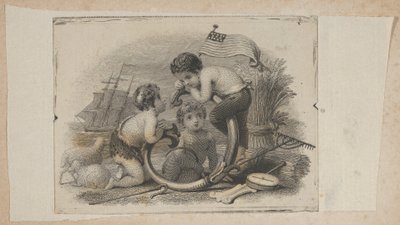 Seddelvignett med tre putti som gjeter, bonde og sjømann, ca. 1824-37. av Asher Brown Durand.