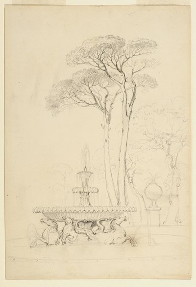 Utsikt over Hippocampus-fontenen - Fontana de' Cavalli Marini av Cristoforo Unterberger, 1791 - i Borghese-hagene, Roma, Italia, 1841 (grafitt på papir) av Asher Brown Durand