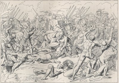 Peloponnes-krigen: Slaget ved Potidee (La battaglia di Potidea) der den greske filosofen Sokrates reddet livet hans i Alcibiade. (Engraving d