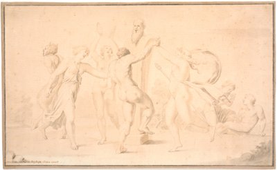 Bakkanal. En satyr, en bakkant og tre bakkantinder danser om Priapsherme av Asmus Jacob Carstens